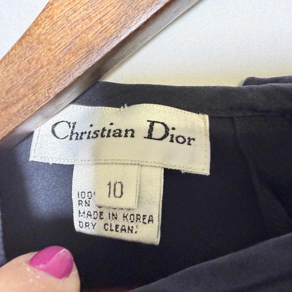Christian Dior Vintage Silk Blouse Navy Blue Button Back Long Sleeve Top Size 10 - Picture 4 of 8